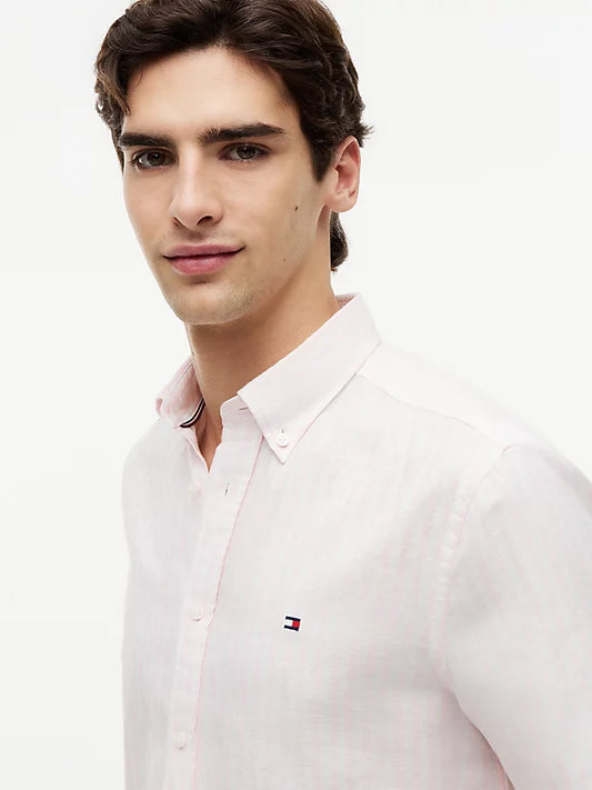 Regular Linen Blend Bengal Stripe Short Sleeve Shirt