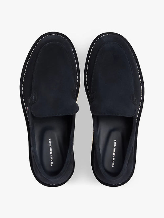 Debossed Logo Topstitch Suede Loafers
