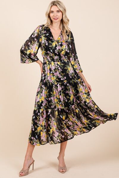 Robe midi smockée Mittoshop en satin à imprimé floral et rayures lurex