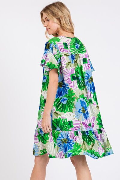 Robe Courte Fleurie à Volants et Manches Courtes pour Femme