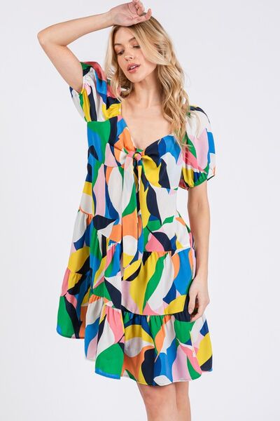 Robe Ces Femme à col en cœur, manches bouffantes et imprimé abstrait