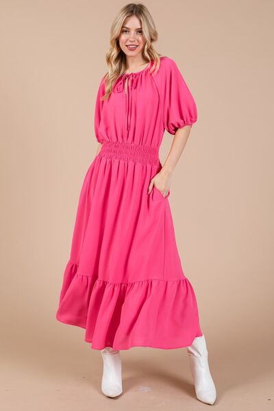 Robe Ces Femme à encolure nouée, manches bouffantes et taille élastiquée smockée