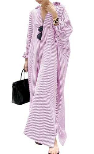 Damen Lässiges Langarm Button-Down Langes Gestreiftes Baumwoll-Hemdblusenkleid