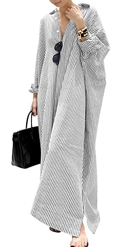 Robe chemise longue en coton rayée décontractée à manches longues boutonnée pour femme