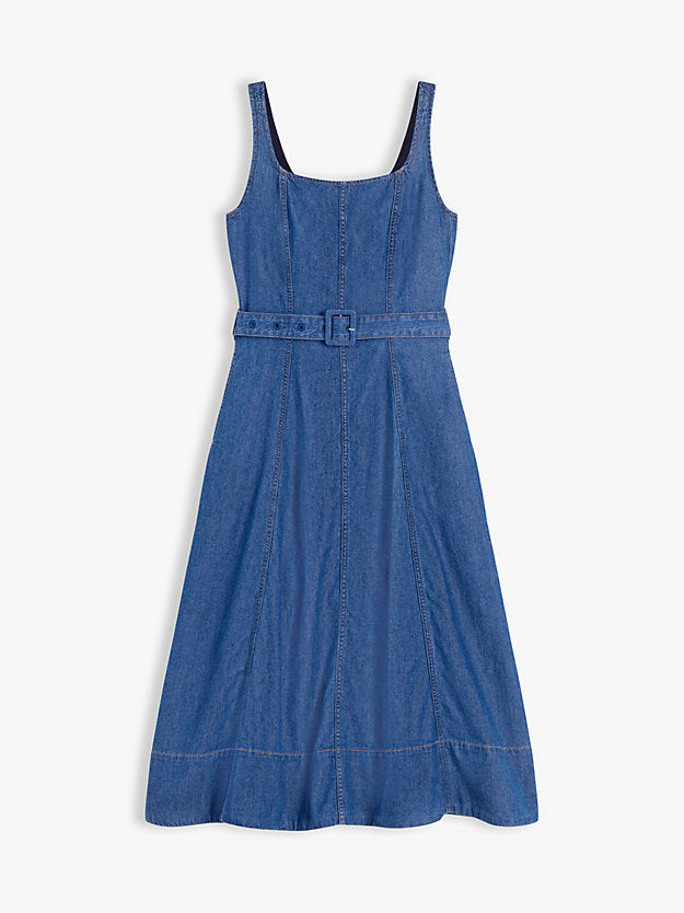 Belted Denim Fit And Flare Midi Dress