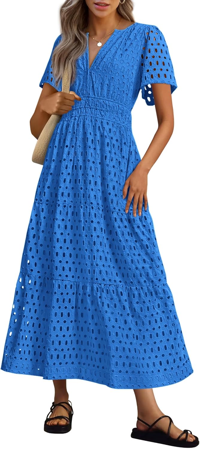 NEU 🔥Damen 2025 Sommer Maxikleid Kurzarm V-Ausschnitt Aushöhlung Ösen A-Linien-Kleider