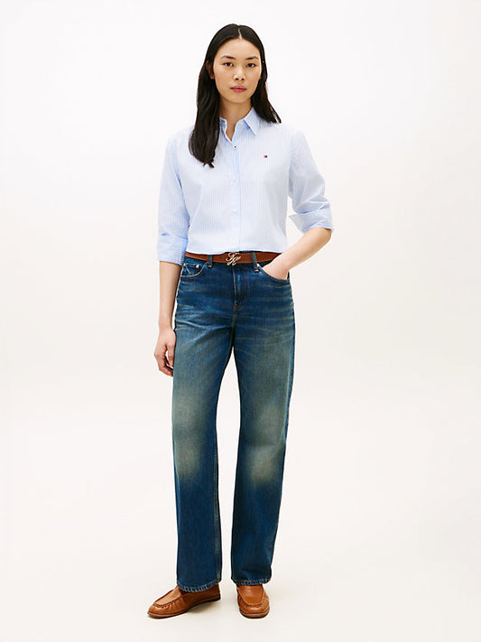 Whiskered Mid Rise Loose Straight Leg Jeans