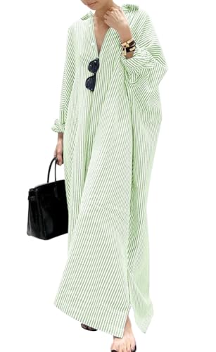 Robe chemise longue en coton rayée décontractée à manches longues boutonnée pour femme