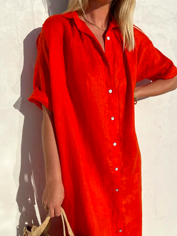 Robe Femme Ample Décontractée Élégante Manches Mi-longues Boutonnée en Coton Lin