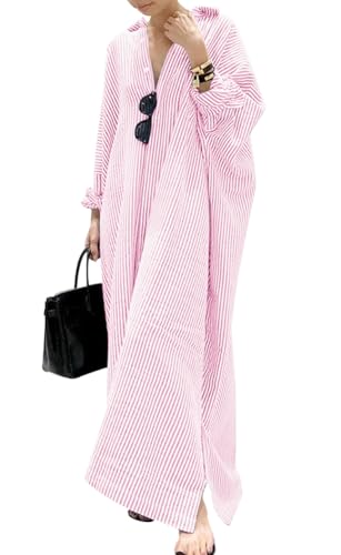 Robe chemise longue en coton rayée décontractée à manches longues boutonnée pour femme