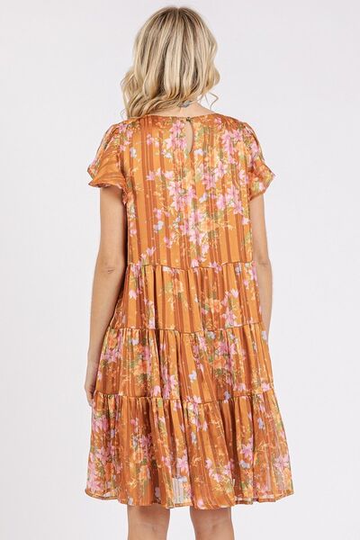 Robe étagée à col rond et manches courtes évasées à imprimé floral Mittoshop