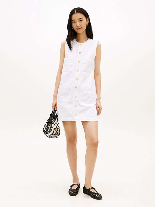 Gold-Tone Button Denim Mini Shift Dress