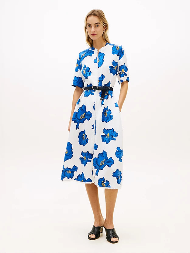 Frayed Linen Blend Midi Shirt Dress