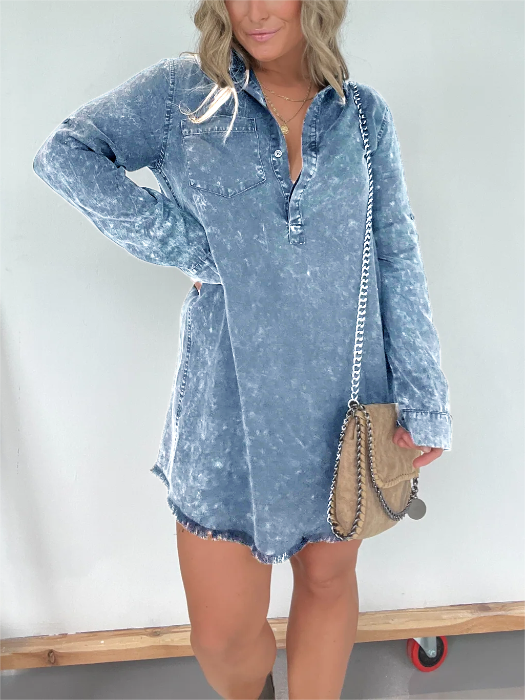Robe chemise en jean délavé à manches longues (achetez-en 2, la livraison est offerte)