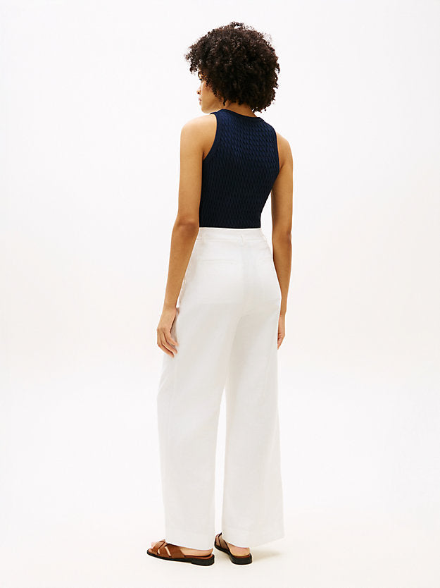 Linen Blend Belted Wide Leg Trousers