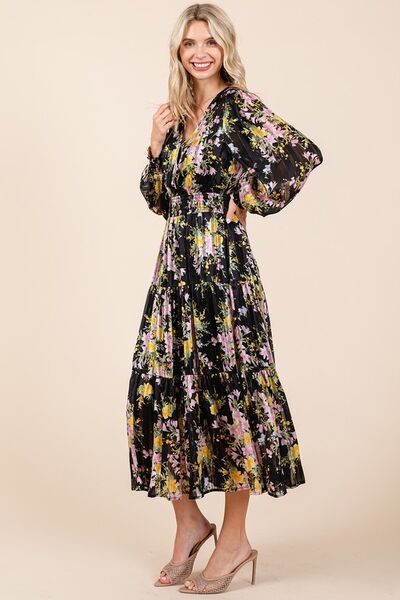 Robe midi smockée Mittoshop en satin à imprimé floral et rayures lurex