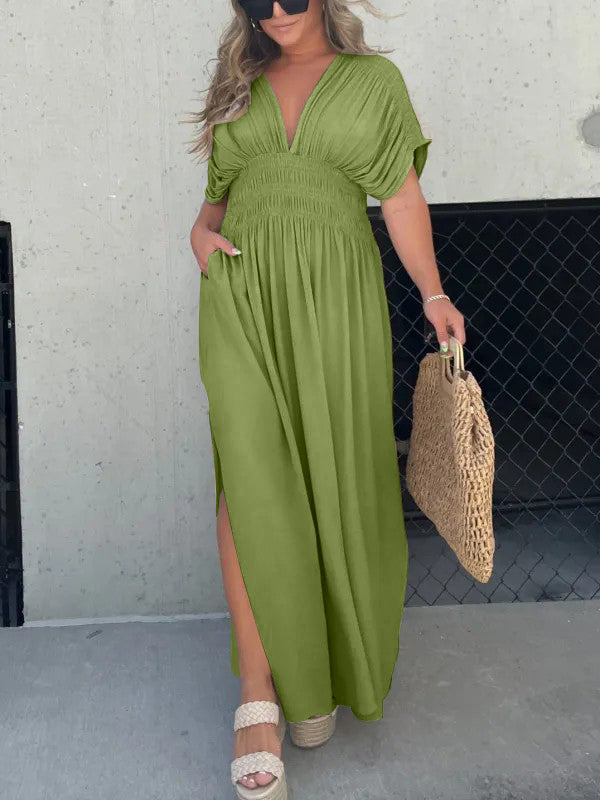 Kleid mit V-Ausschnitt, Schlitz und geraffter Taille (2 kaufen, kostenloser Versand)
