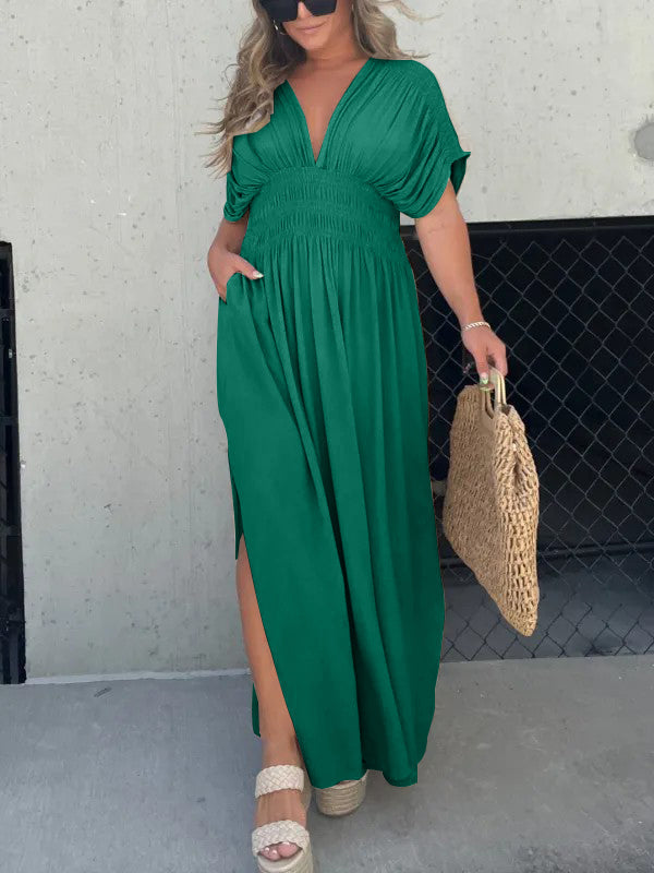 Kleid mit V-Ausschnitt, Schlitz und geraffter Taille (2 kaufen, kostenloser Versand)