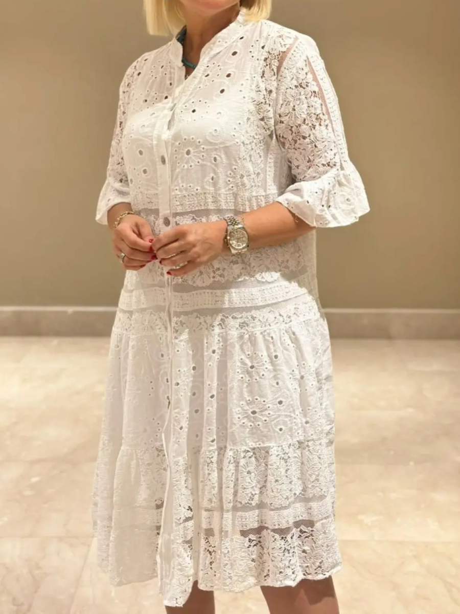 RÄUMUNGSVERKAUF🔥Damen V-Ausschnitt Halbarm-Kleid mit Spitze