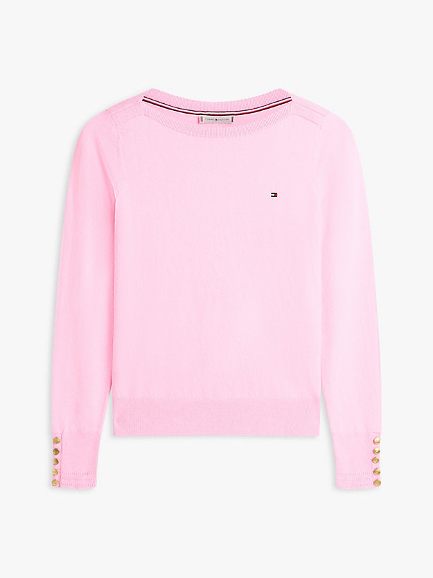 Gold-Tone Button Jersey Boat Neck Jumper