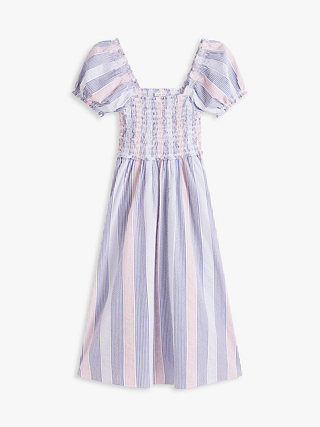 Seersucker Stripe Short Sleeve Midi Dress