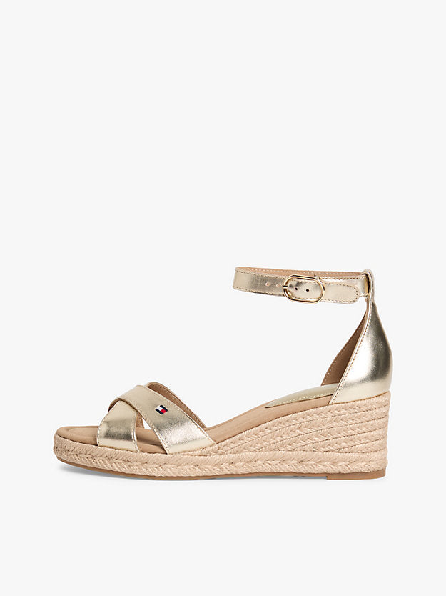 Metallic Leather Crossover Strap Wedge Espadrilles
