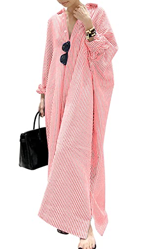 Robe chemise longue en coton rayée décontractée à manches longues boutonnée pour femme