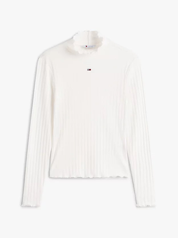 Ruffle Ribbed Slim Mock Neck Top