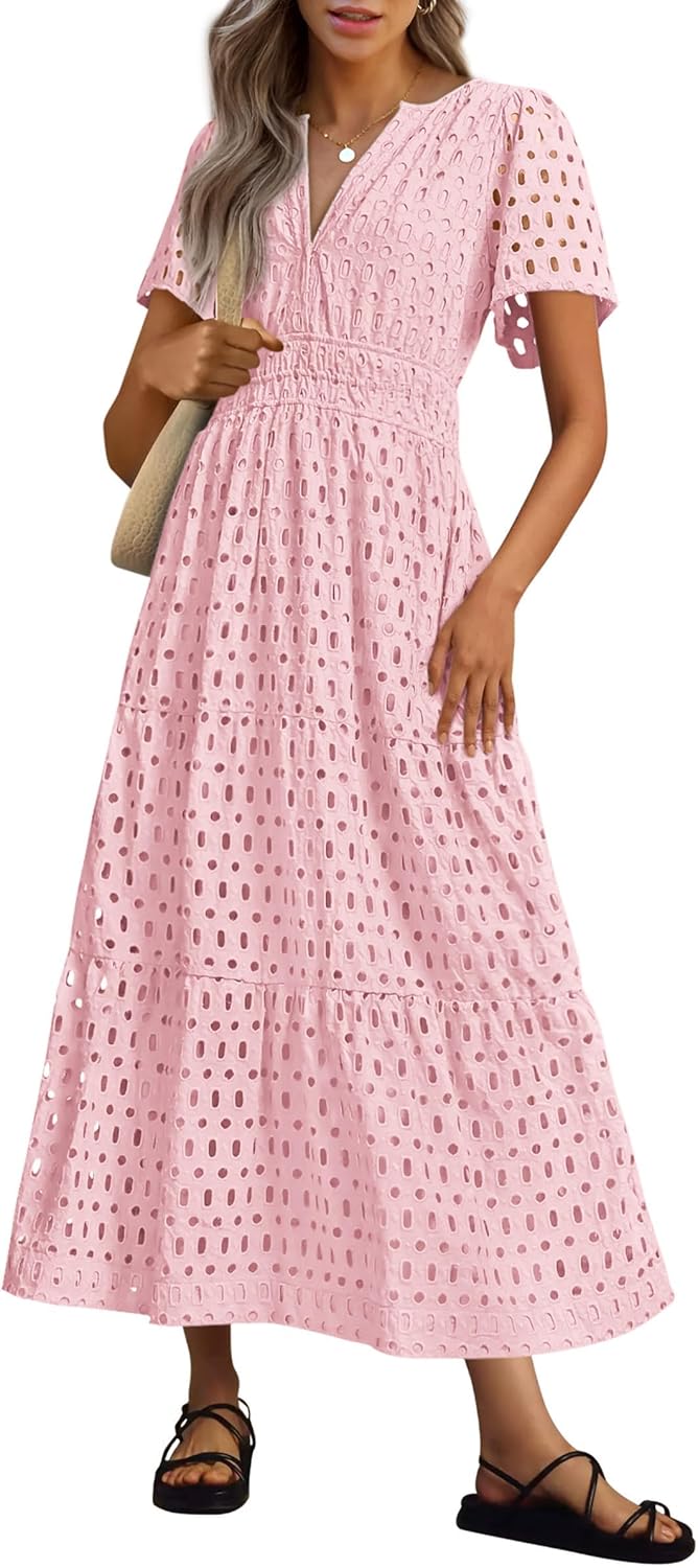 NEU 🔥Damen 2025 Sommer Maxikleid Kurzarm V-Ausschnitt Aushöhlung Ösen A-Linien-Kleider