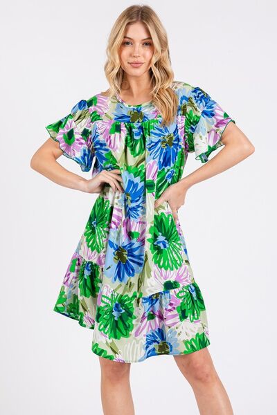 Robe Courte Fleurie à Volants et Manches Courtes pour Femme