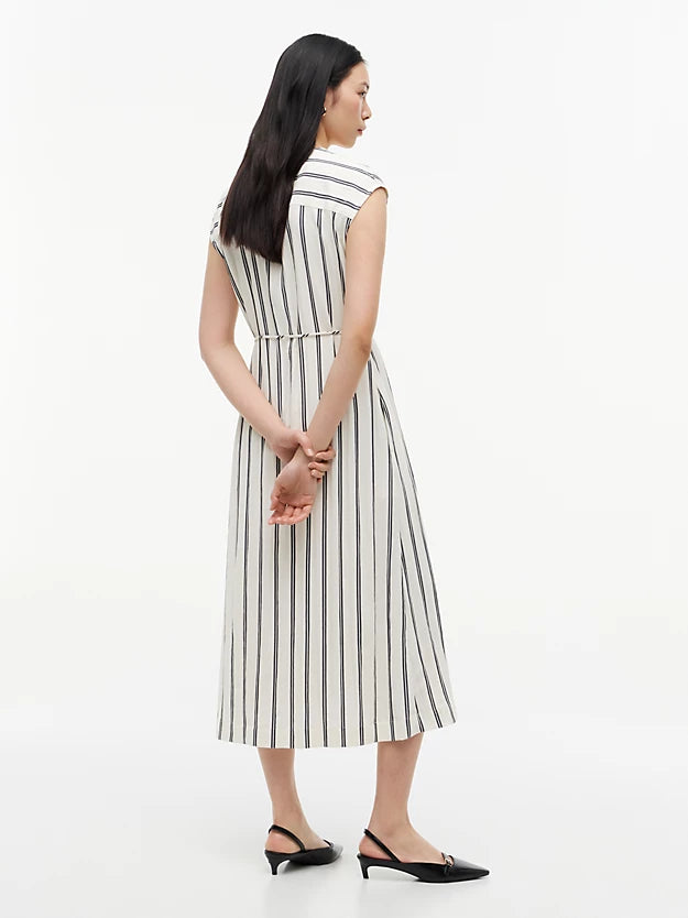 Gold-Tone Button Stripe Midi Dress