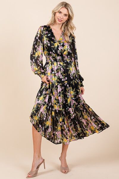 Robe midi smockée Mittoshop en satin à imprimé floral et rayures lurex
