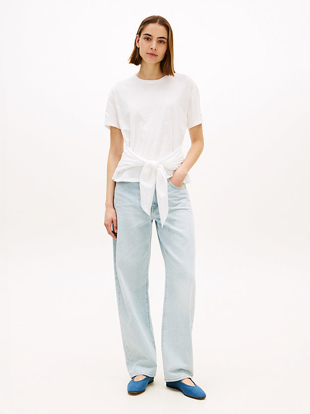 Self-Tie Textured Relaxed Crew Neck T-Shirt