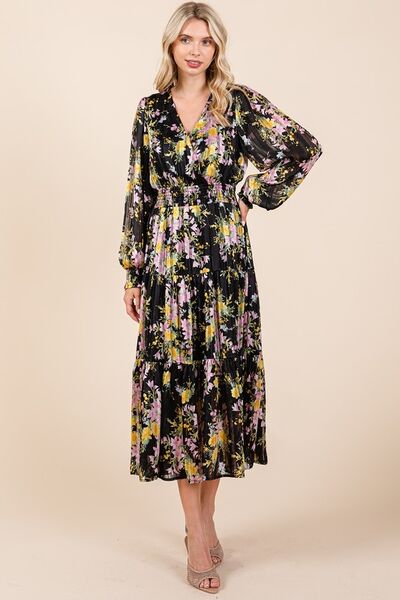 Robe midi smockée Mittoshop en satin à imprimé floral et rayures lurex