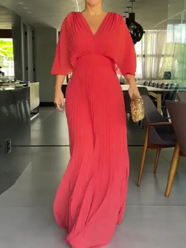 NOUVEAU🔥 Robe en mousseline à encolure en V avec fermeture éclair et manches chauve-souris à nouer dans le dos - Hors taxes