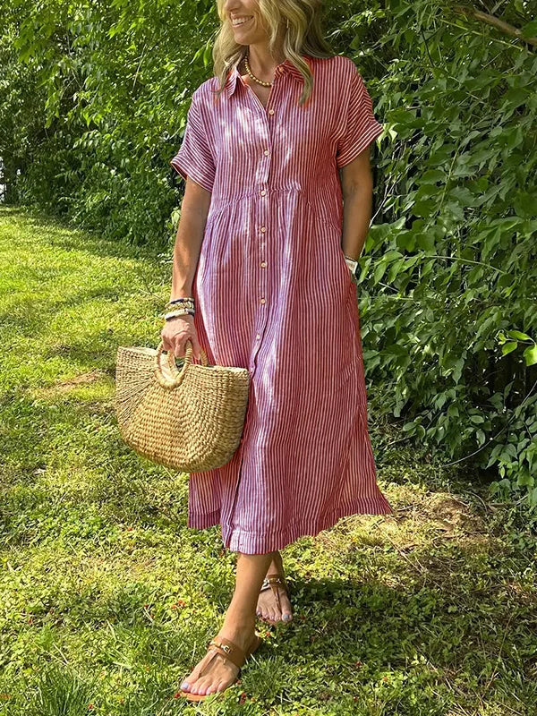 NOUVEAU🔥 Robe Chemise Boutonnée à Revers Rayée