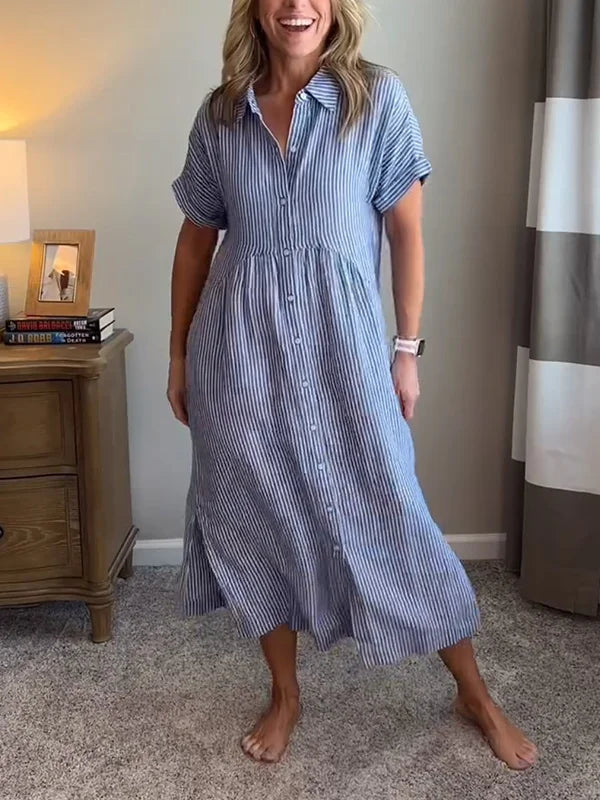 NOUVEAU🔥 Robe Chemise Boutonnée à Revers Rayée