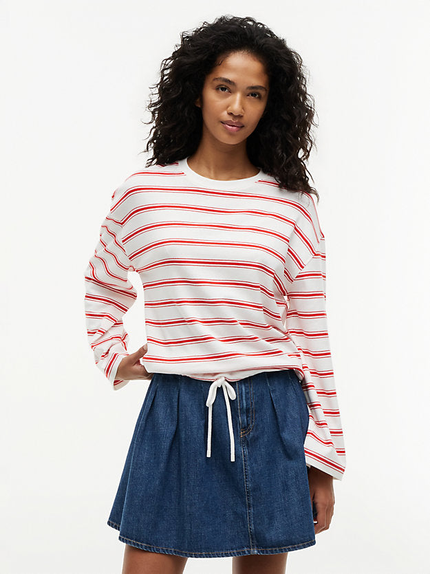 Stripe Drawstring Hem Long Sleeve T-Shirt
