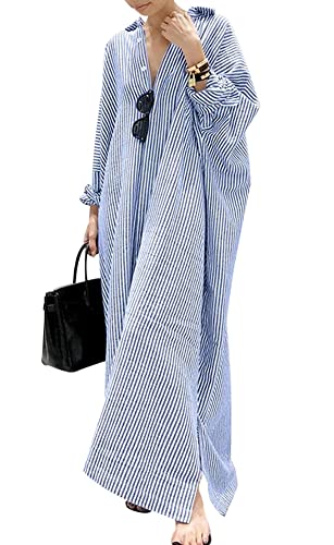 Robe chemise longue en coton rayée décontractée à manches longues boutonnée pour femme