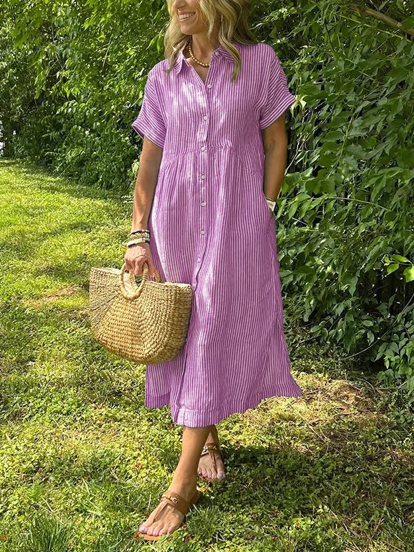 NOUVEAU🔥 Robe Chemise Boutonnée à Revers Rayée