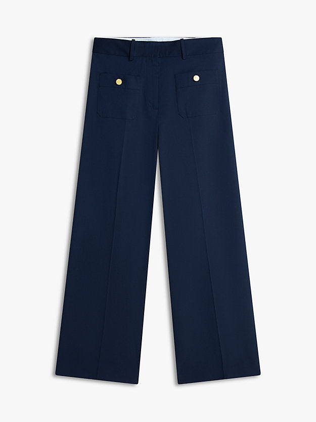Crest Embossed Button Wide Leg Chinos