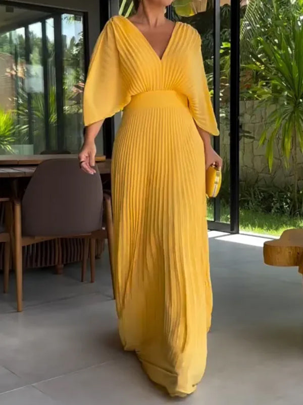 NOUVEAU🔥 Robe en mousseline à encolure en V avec fermeture éclair et manches chauve-souris à nouer dans le dos - Hors taxes