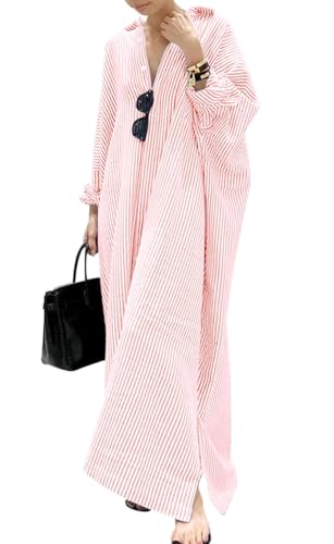 Robe chemise longue en coton rayée décontractée à manches longues boutonnée pour femme