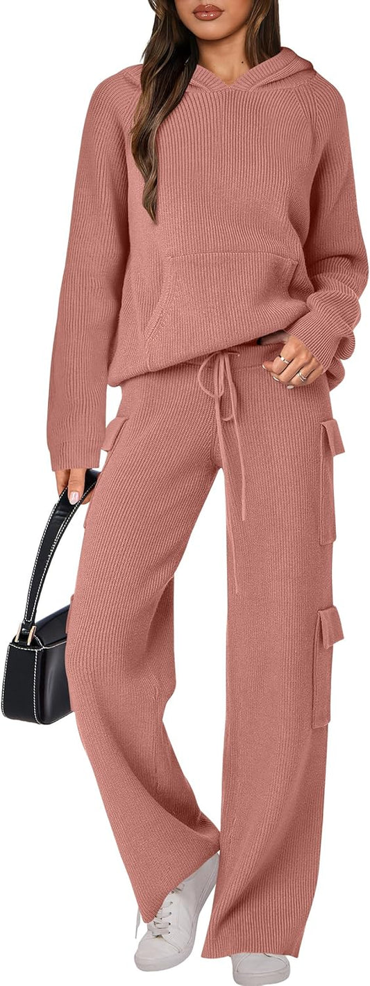 🎄Weihnachts-SALE 🔥 Zweiteilige Outfits für Damen Lässiger Kapuzenpullover Strick Gerades Bein Hosen-Set