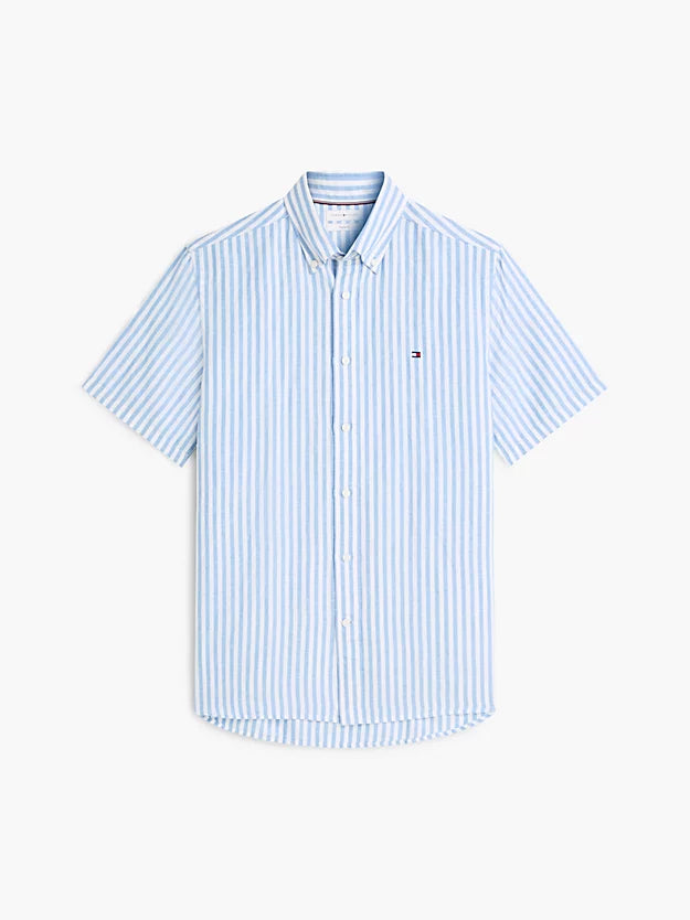 Regular Linen Blend Bengal Stripe Short Sleeve Shirt