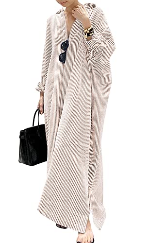 Robe chemise longue en coton rayée décontractée à manches longues boutonnée pour femme