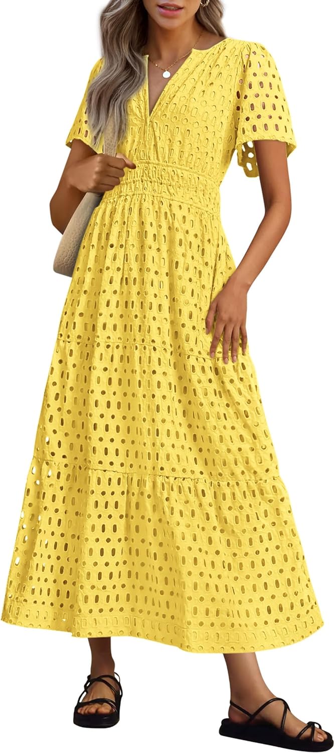 NEU 🔥Damen 2025 Sommer Maxikleid Kurzarm V-Ausschnitt Aushöhlung Ösen A-Linien-Kleider