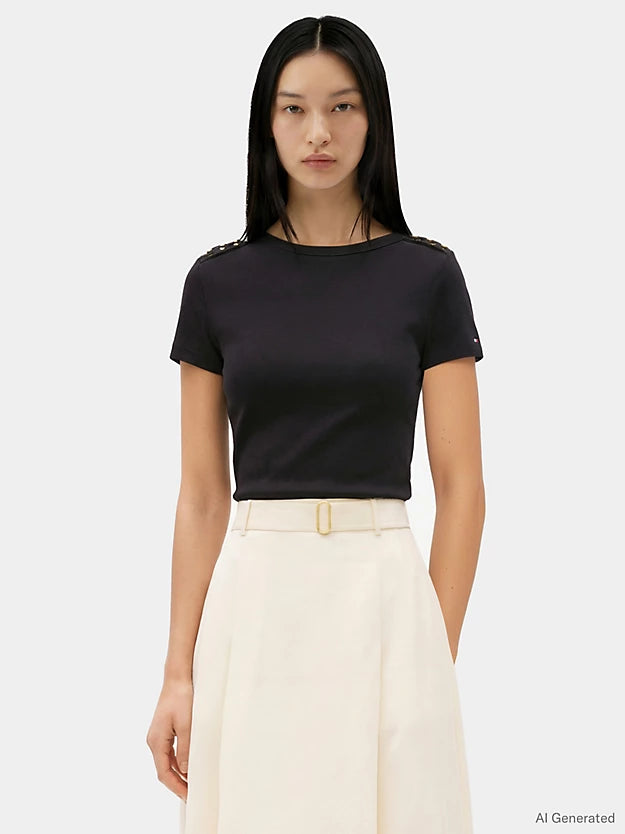 Gold-Tone Button Slim Boat Neck T-Shirt