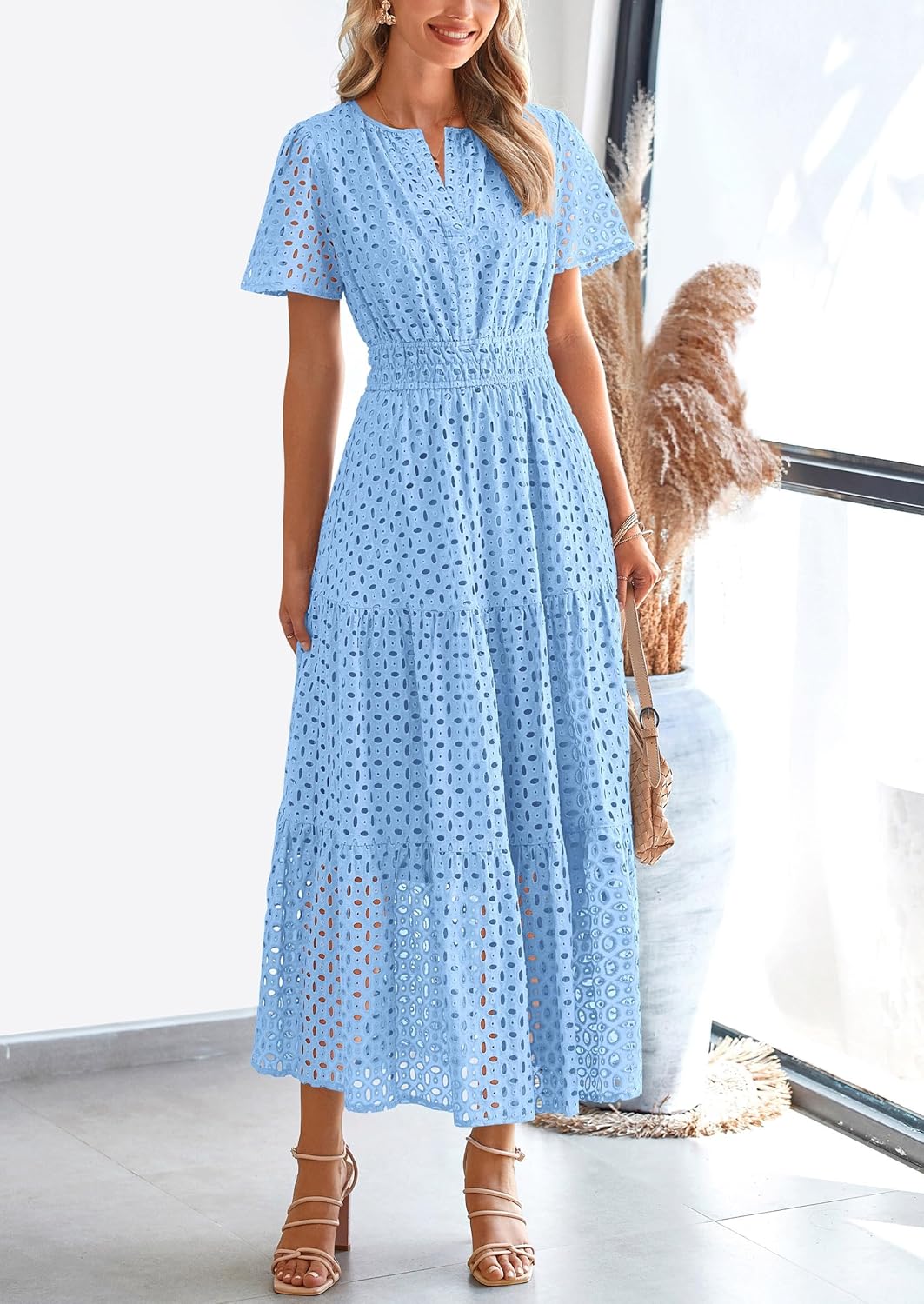 NEU 🔥Damen 2025 Sommer Maxikleid Kurzarm V-Ausschnitt Aushöhlung Ösen A-Linien-Kleider