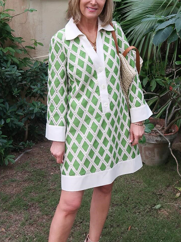 NOUVEAU🔥 Robe-chemise col en V ajourée en dentelle à carreaux diamant
